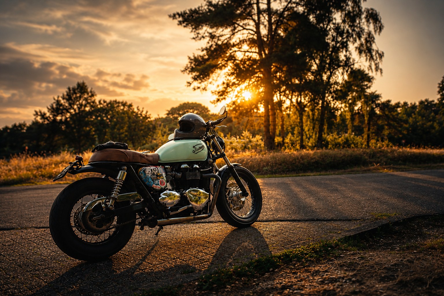 Motorfotograaf Amsterdam — Triumph cafe racer at golden hour