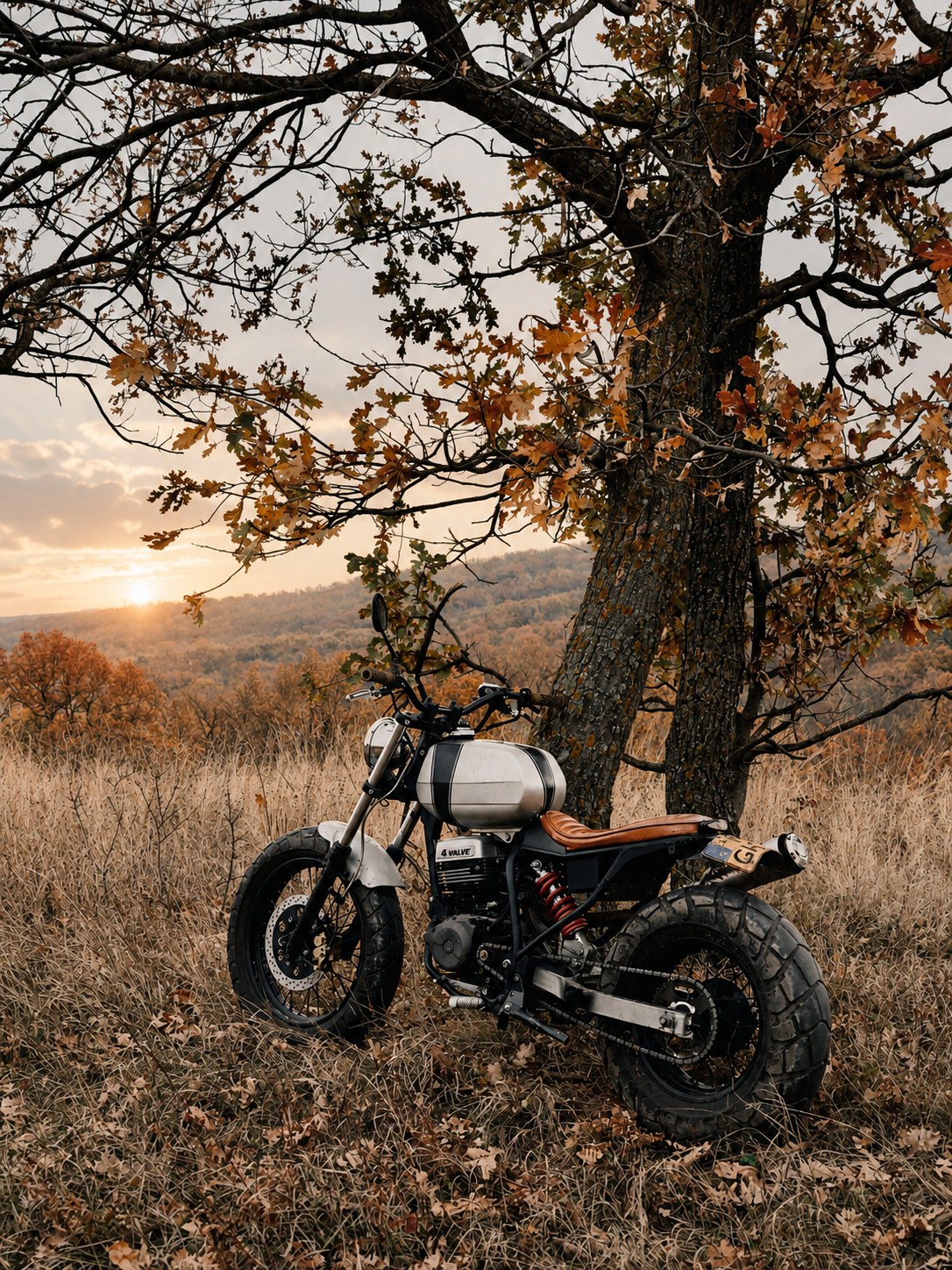 Motorfotografie Nederland — custom motorcycle beneath an autumn oak at sunset